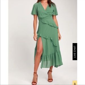 Lulus Next to You Sage Green Swiss Dot Ruffled Midi Dress